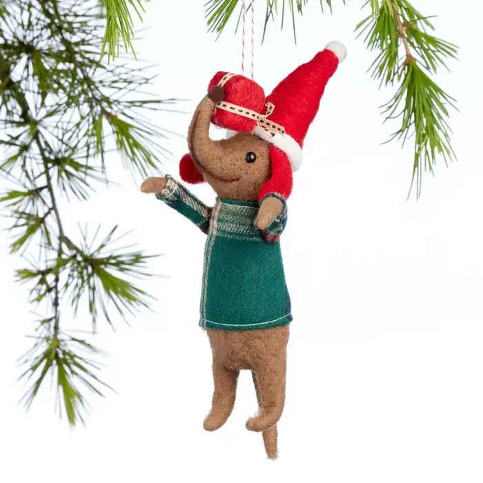 Wool Wiener Dog with Present Ornament