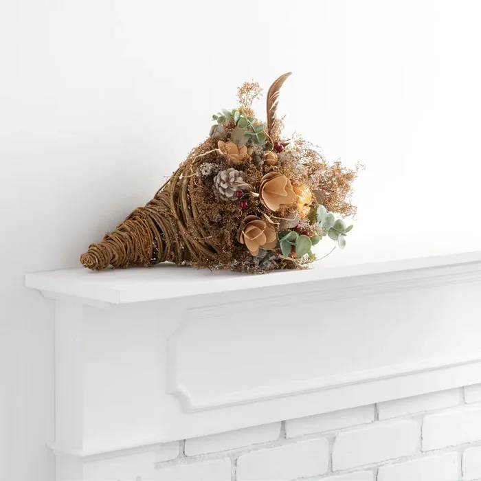 Woven Natural Fiber And Dried Floral Pumpkin Cornucopia