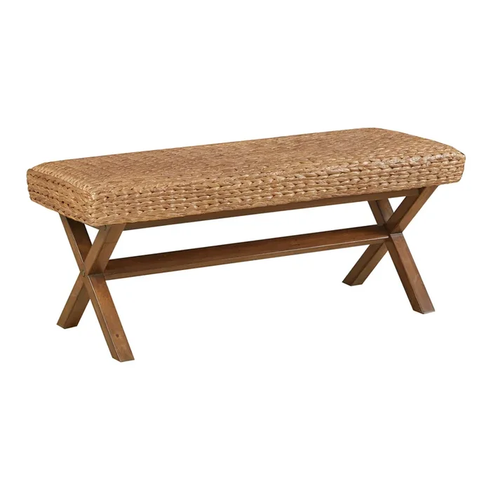 Woven Seagrass and Brown Wood Bench