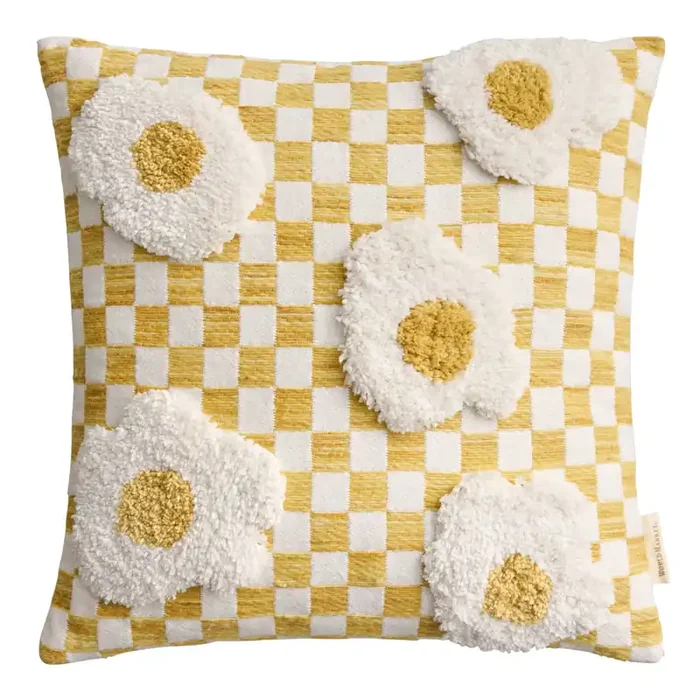 Yellow and Ivory Woven Check Tufted Egg Throw Pillow