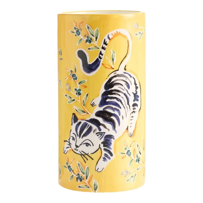 Yellow Cat with Botanicals Vase
