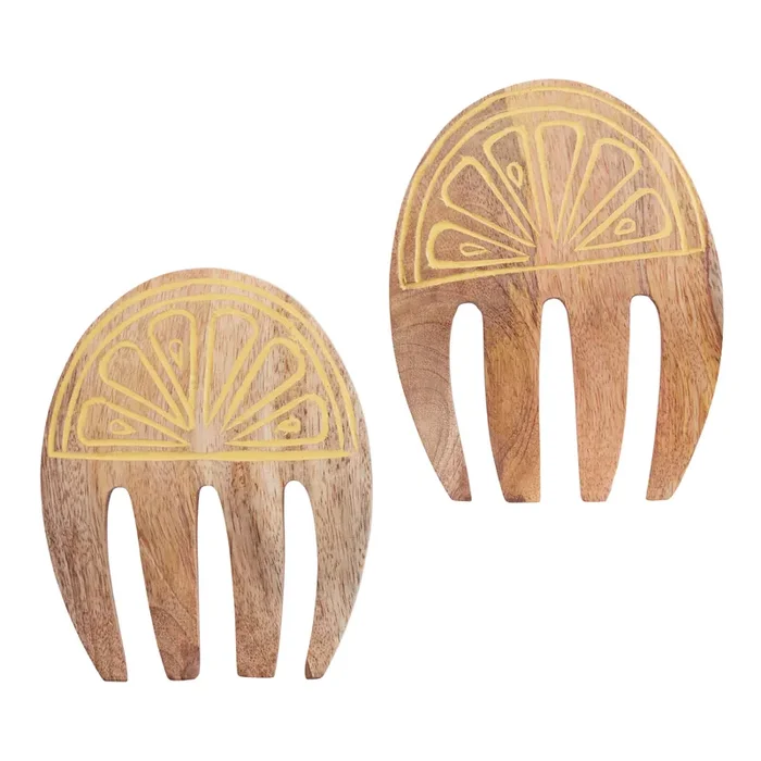 Yellow Lemon Etched Wood Salad Servers 2 Piece Set