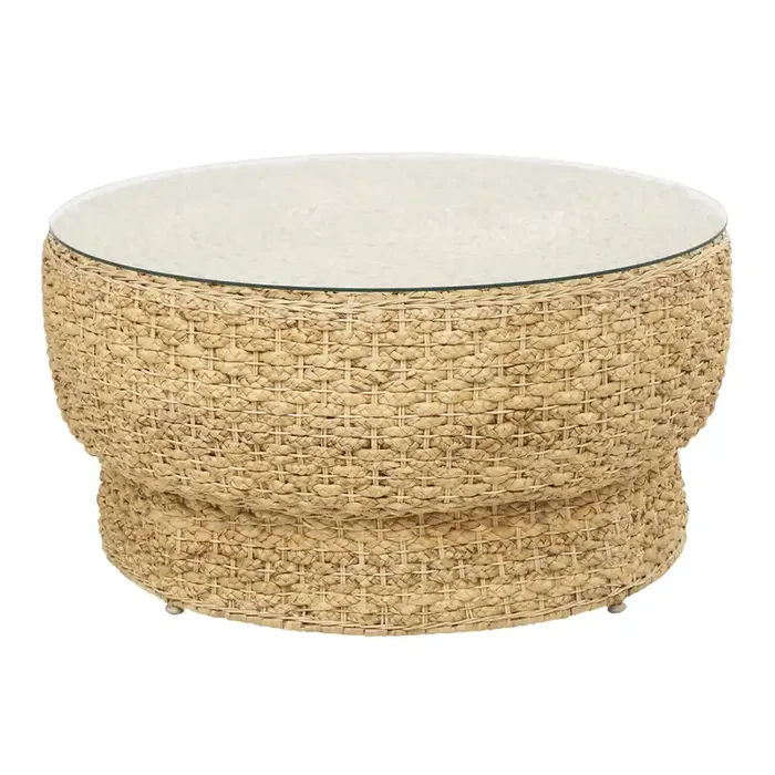 Yuscaran Round Natural Rattan and Glass Top Coffee Table