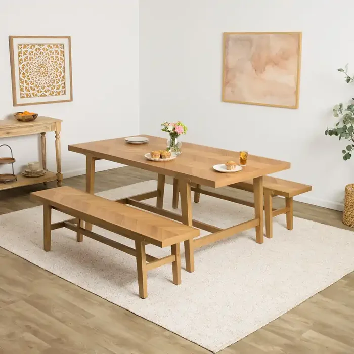 Zane Herringbone Parquet 3 Piece Dining Set with Benches