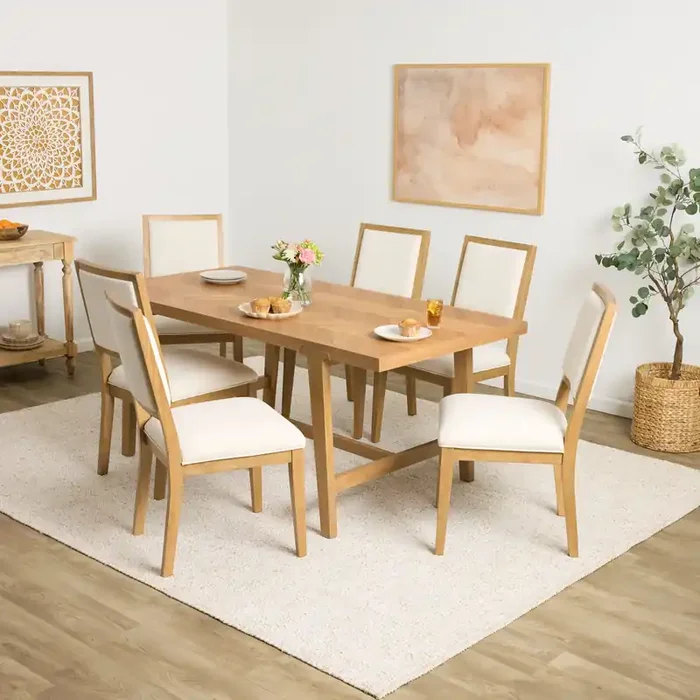 Zane Warm Wheat Wood Herringbone Parquet 7 Piece Dining Set